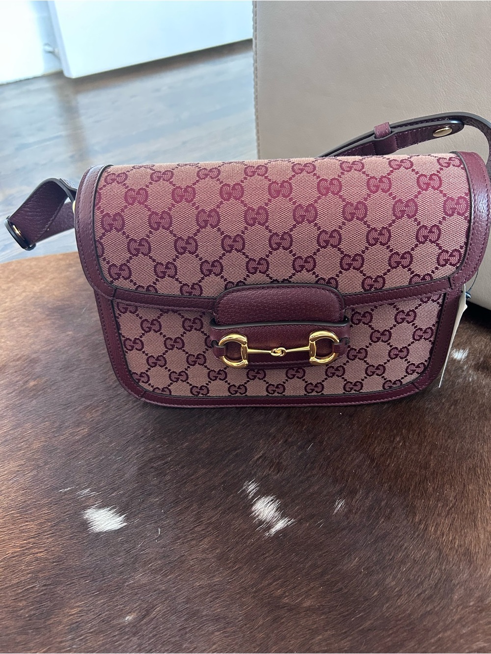 Gucci Pink Burgundy GG Canvas Crossbody with Horsebit